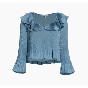 Derek Lam 10 Crosby Charis Pleated Ruffle Whimsy Top Long Bell Sleeves Blue S